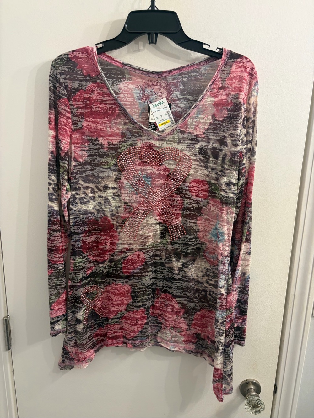 V Cristina Pink and Gray Multi-Print V-Neck Tunic with Rhinestone Breast Cancer